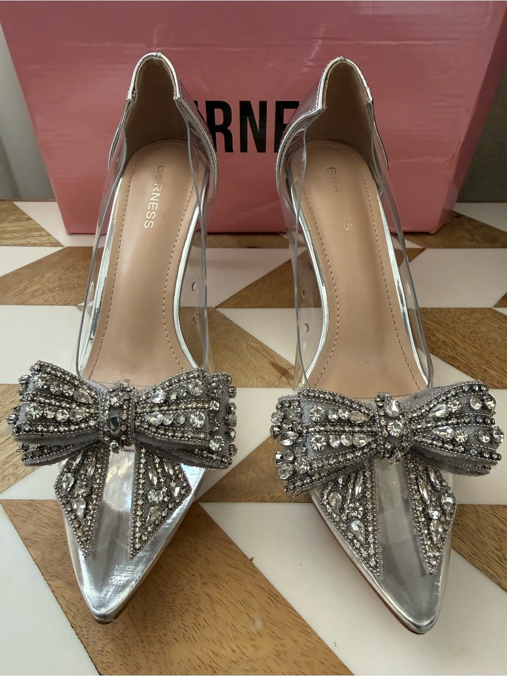 💎 Berness Princess Silver & Rhinestone Big Bow Glass-Like Heels